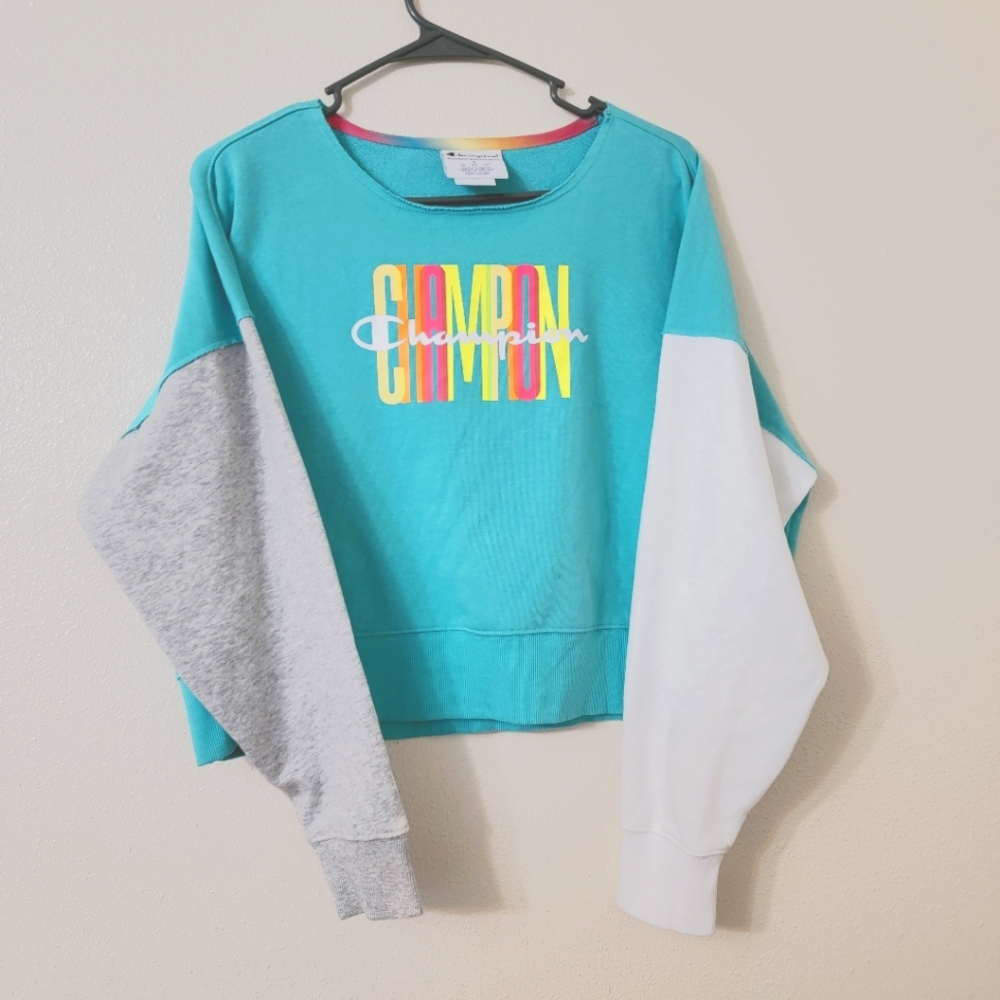 Champion size small women's turquois colorblock crop sweater athletic wear